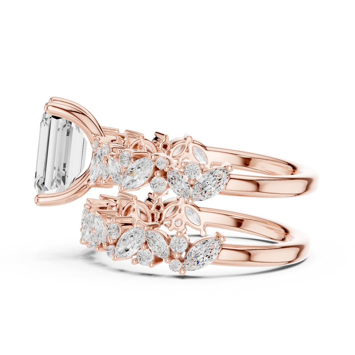 Emerald Cut Lab Grown Diamond Women's Marquise Cluster Bridal Ring Set - View 8