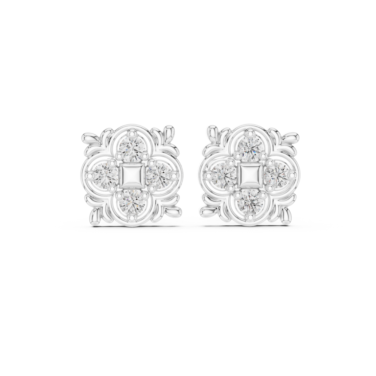 Leaf Frame and Four Petal Round Lab Diamond Cluster Stud Earrings - View 3