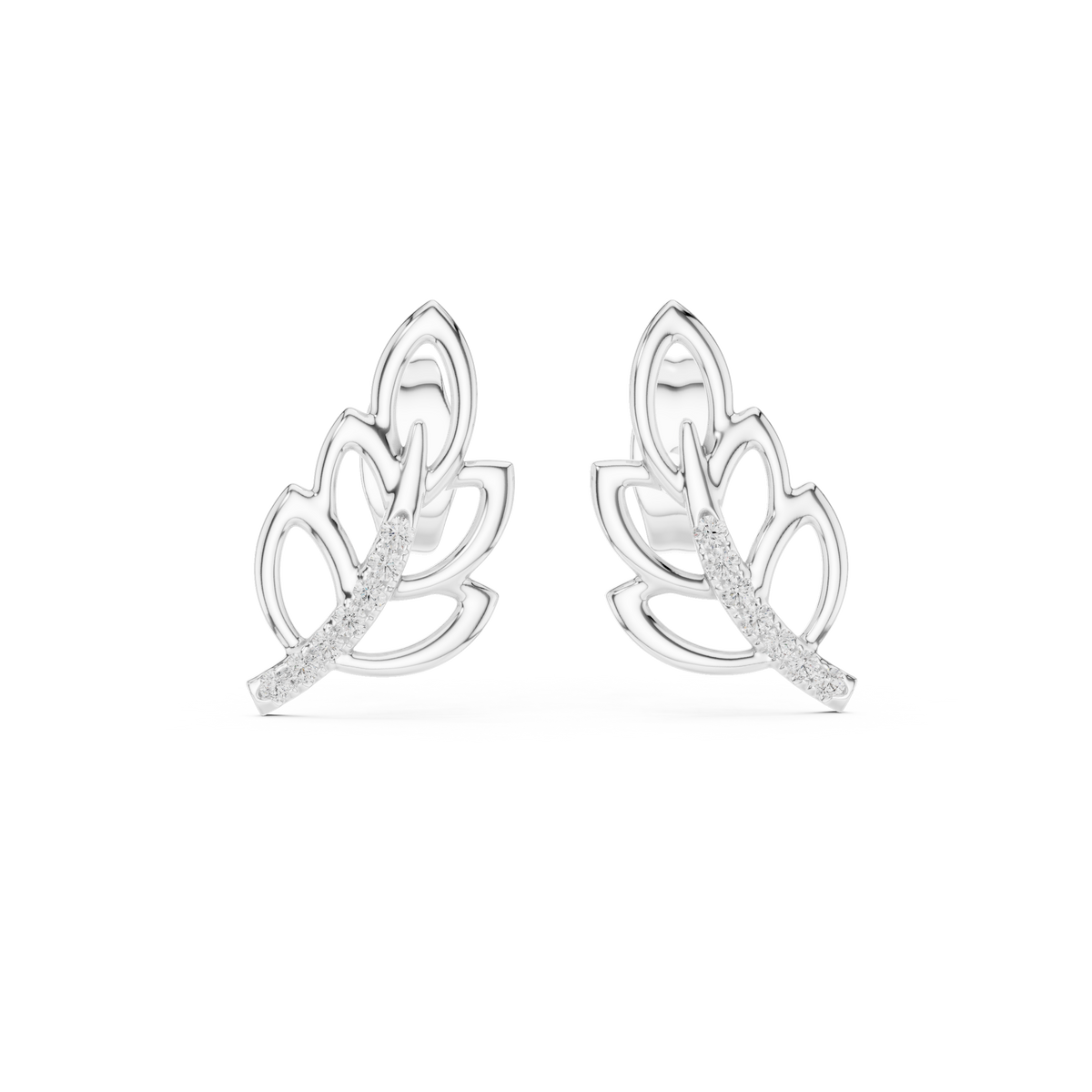 Gold Leaf Stud Earrings with Round Lab Diamond Accented Curve Nature Inspired - View 3