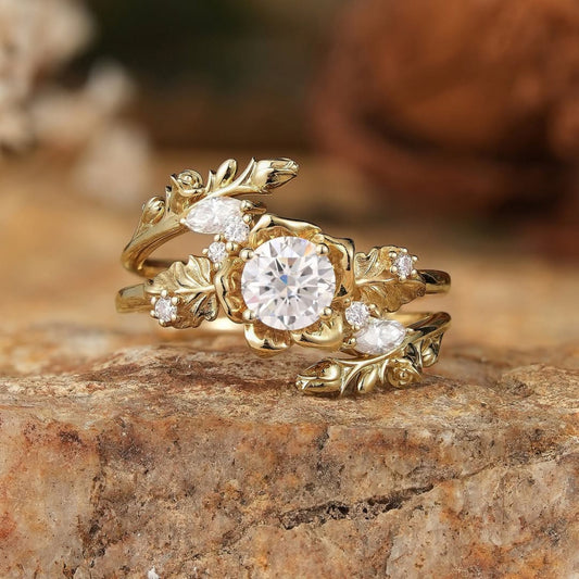 Round Cut Moissanite Diamond Women's Botanical Rose Flower Bridal Set - View 2