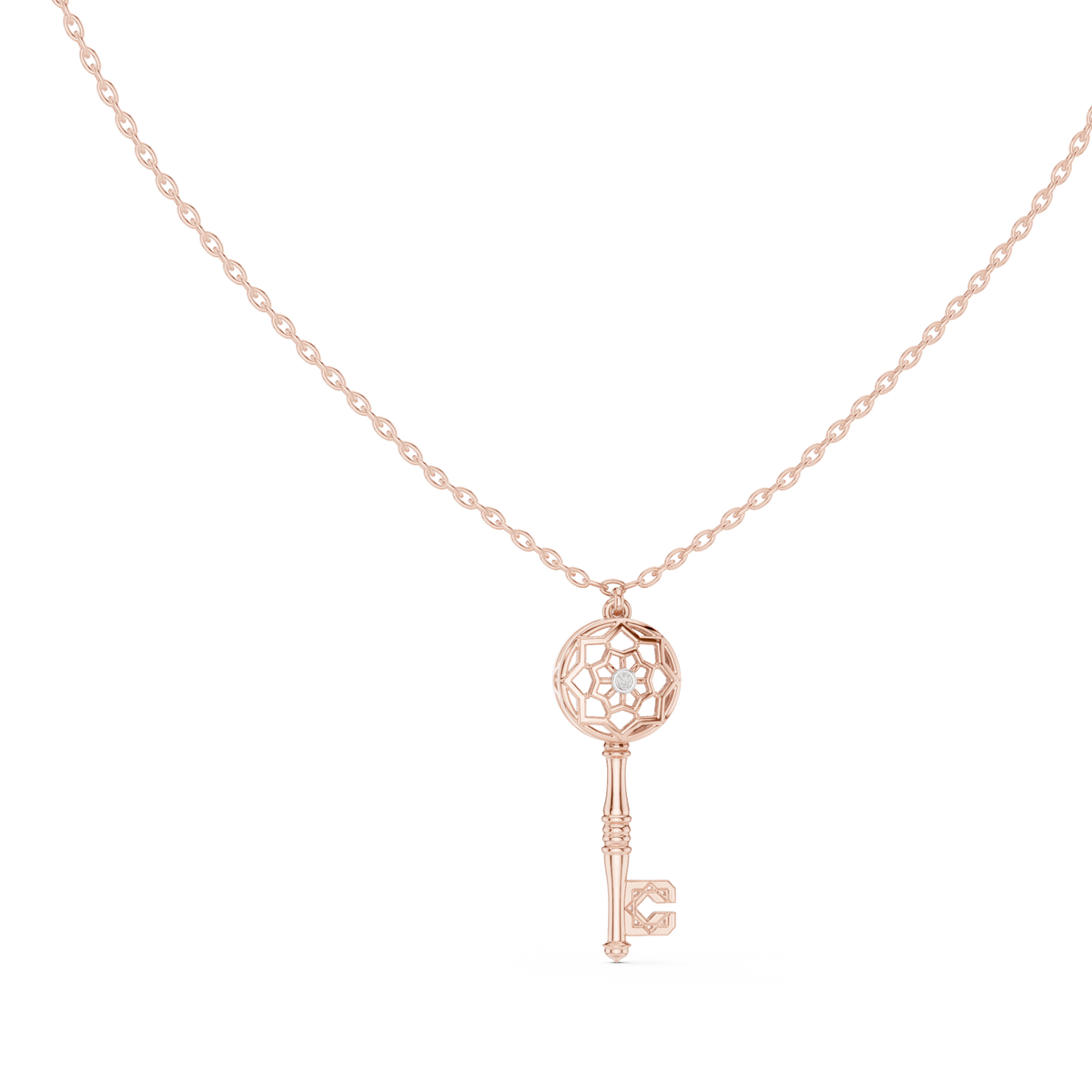Intricate Filigree Key Solitaire Pendant With Round Moissanite Diamond - View 2