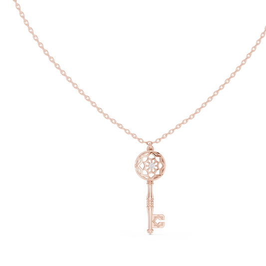 Intricate Filigree Key Solitaire Pendant With Round Moissanite Diamond - View 2