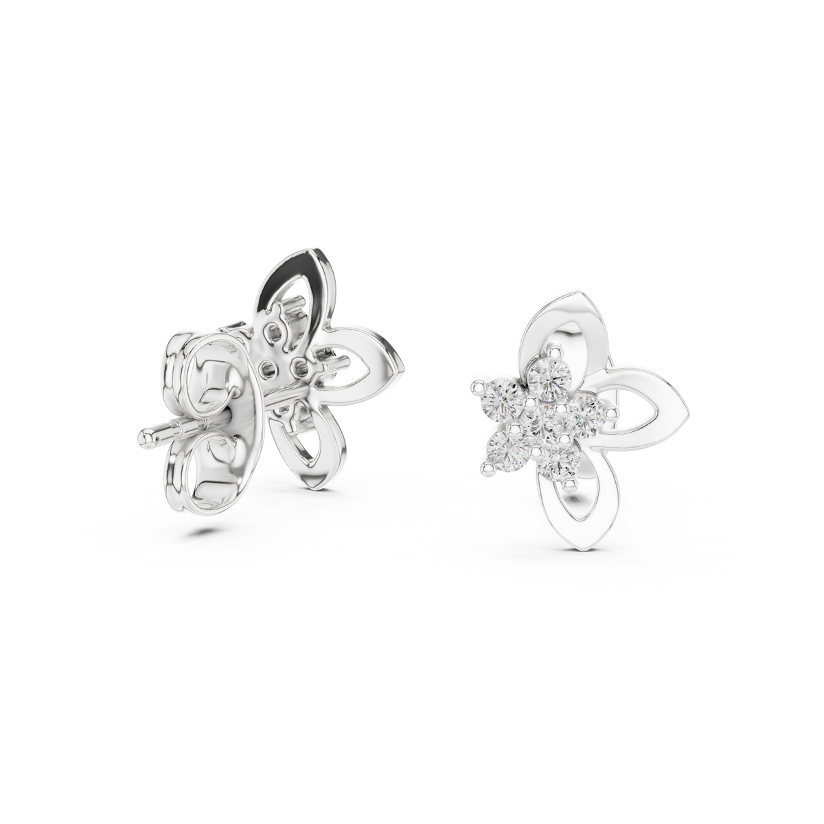 Celestial Floral Knot Round Moissanite Diamond Stud Earrings with Cluster Petals - View 12