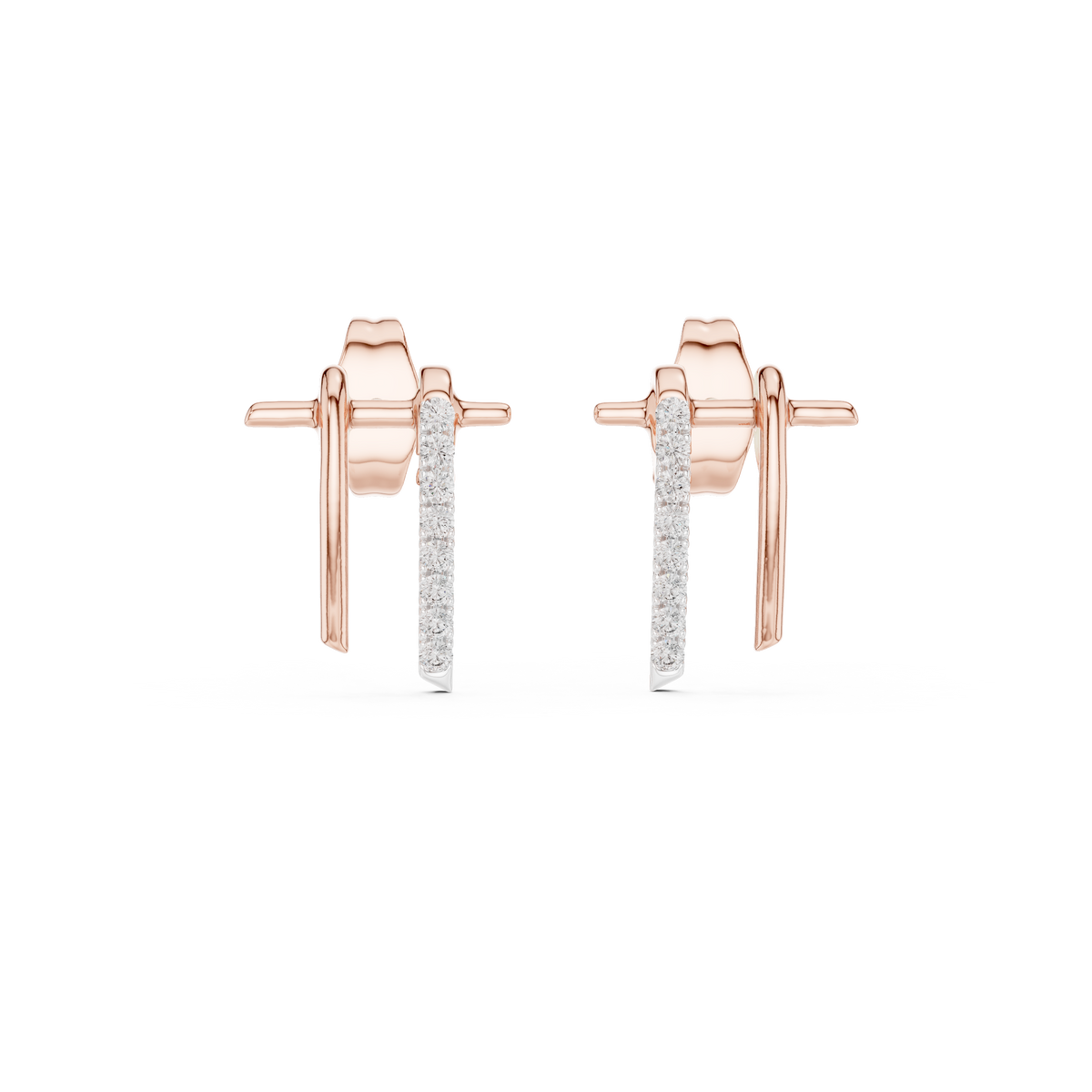 Dual Bar Round Lab Diamond Pavé Drop Stud Earrings with Linear Design - View 2