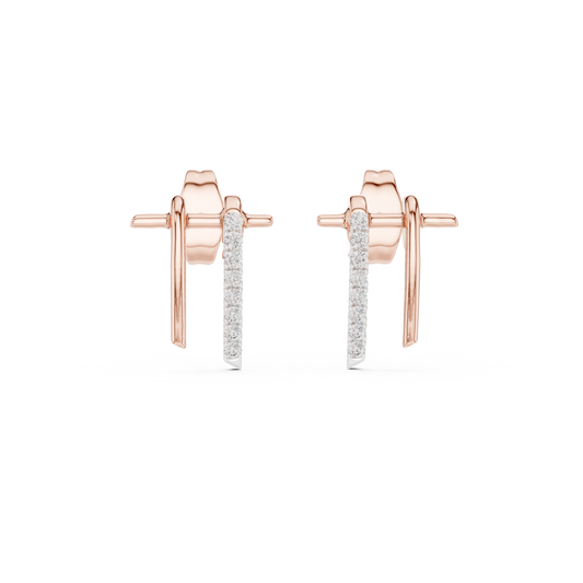 Dual Bar Round Lab Diamond Pavé Drop Stud Earrings with Linear Design - View 2