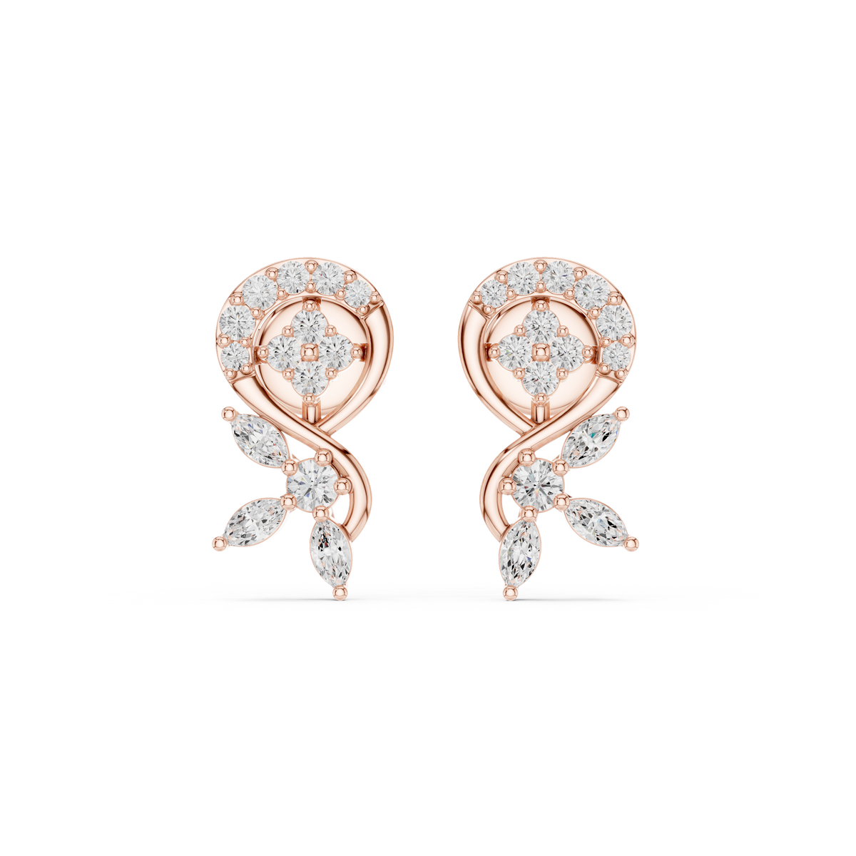 Floral Vine Lab Diamond Marquise & Round Stone Drop Stud Earrings - View 2