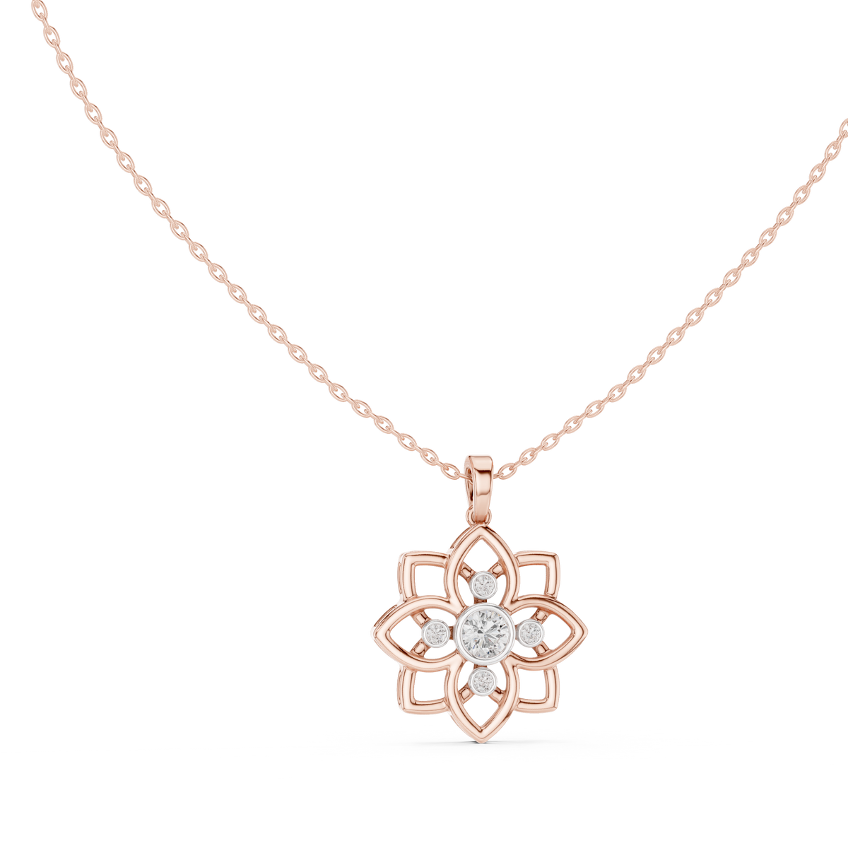 Lotus Motif Flower Pattern Charm Pendant with Round Lab Grown Diamond - View 2