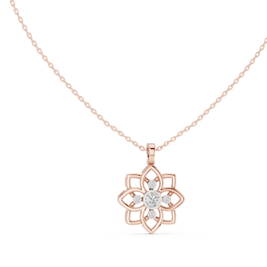 Lotus Motif Flower Pattern Charm Pendant with Round Moissanite Diamond - View 2
