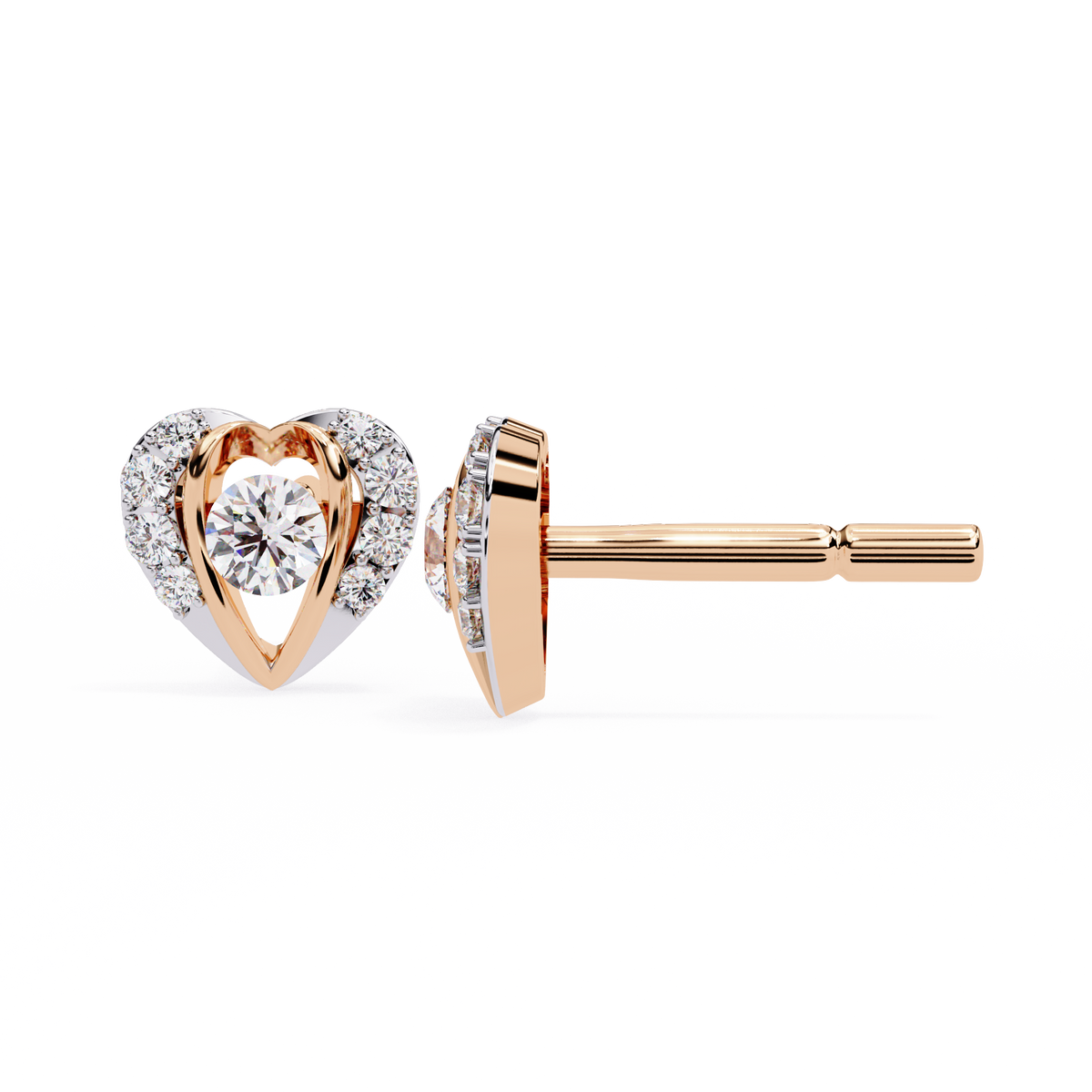 Heart Shaped Moissanite Diamond Stud Earrings with Round Center Stone and Pave Accents - View 5