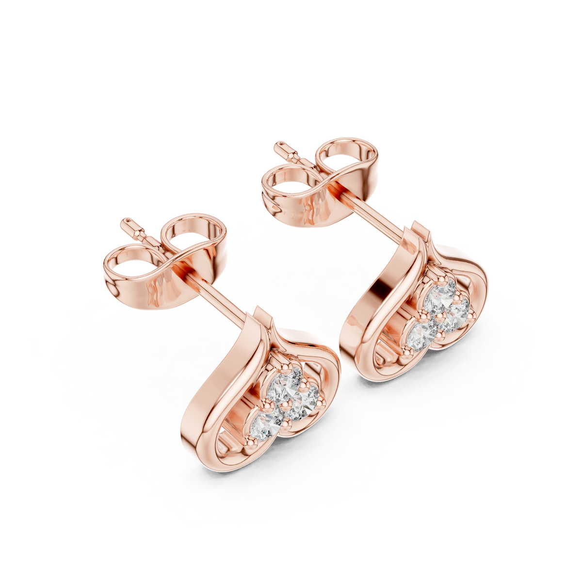 Clover Motif Round Lab Diamond Earrings Three Stone Open Loop Heart Studs - View 5