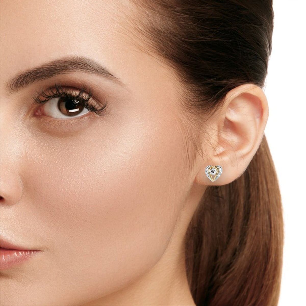 Heart Shaped Moissanite Diamond Stud Earrings with Round Center Stone and Pave Accents - View 10