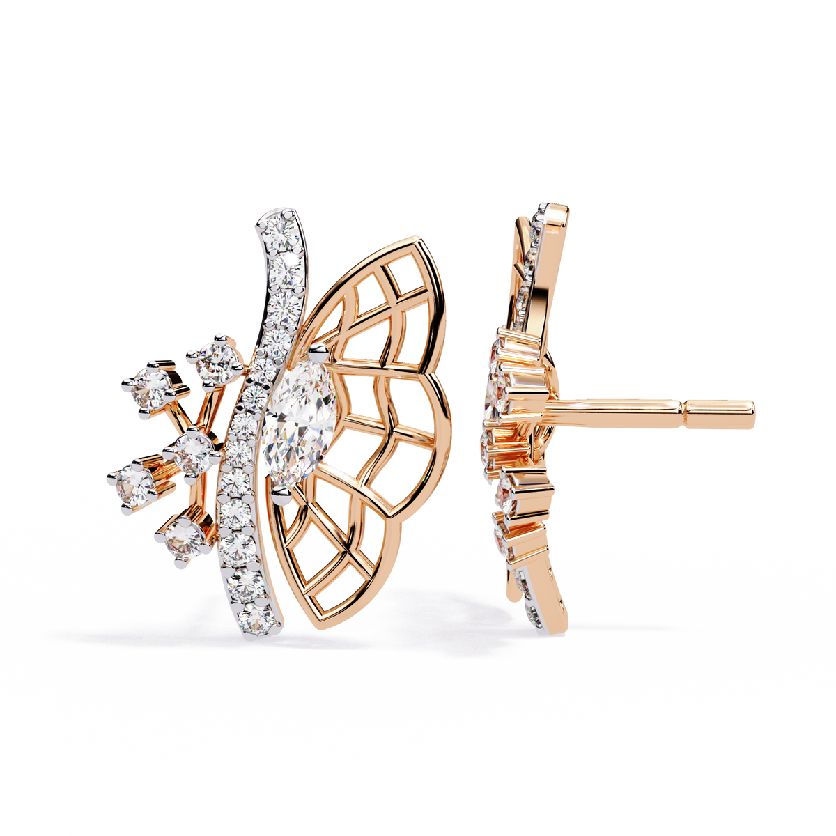 Butterfly Grace Lab Diamond Marquise Cut Stud Earrings with Round Side Stones - View 4