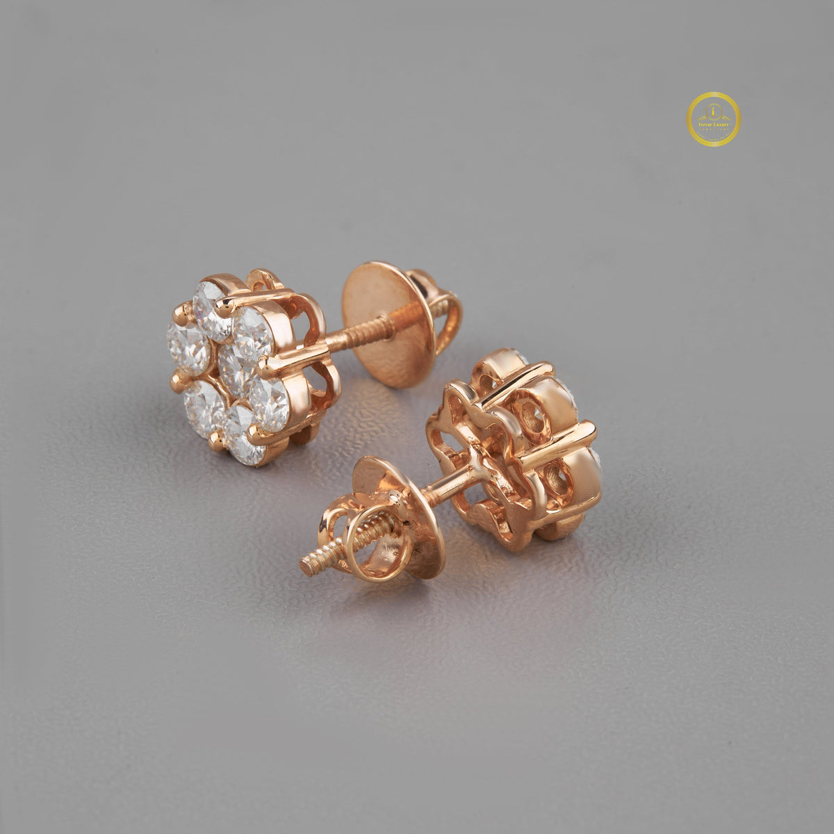 Luxury Rose Gold Floral Cluster Stud Lab Grown Earrings Featuring Brilliant Round Multi Stone Design - View 2