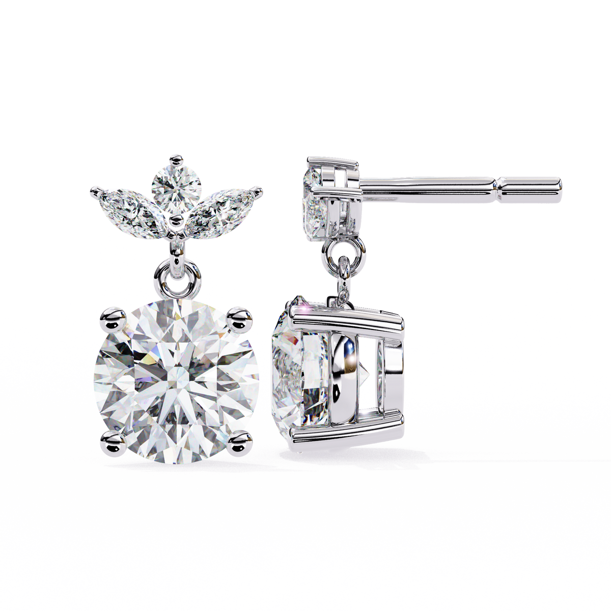 Luxury Round Cut Moissanite Diamond Drop Earrings with Marquise Cut Crystal Floral Top Cluster - View 7