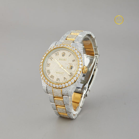 Luxury Fully Iced Gold & Silver Moissanite Diamond Watch with Classic Roman Dial By Ivevar Luxury