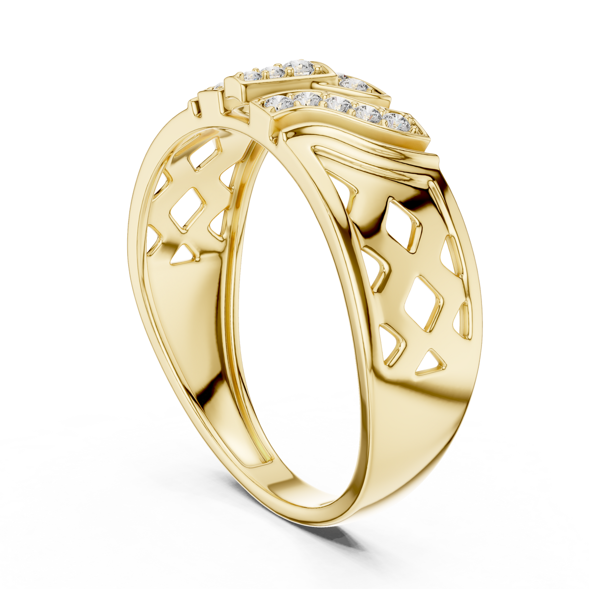 Round Cut Lab Grown Diamond Men's T Shield Pave Openwork Gold Ring - View 7