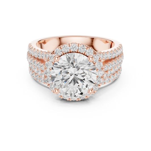 Round Halo Diamond Lab Ring with Triple Pave Split Shank Band - View 2
