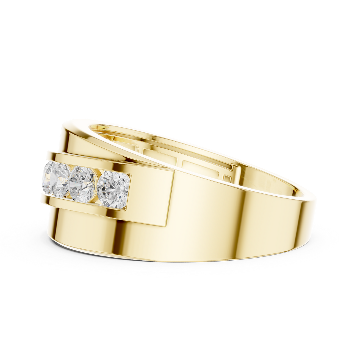 Round Cut Lab Grown Diamond Men's Curved Swirl Channel Set Gold Band - View 7
