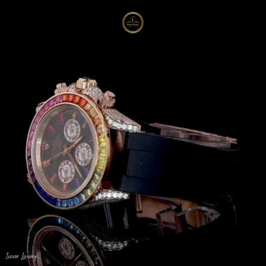 Custom Luxury Chronograph Timepiece with Multicolor Rainbow Gemstone Bezel, Black Dial, Moissanite Diamond-Accented Case, and Precision Subdials