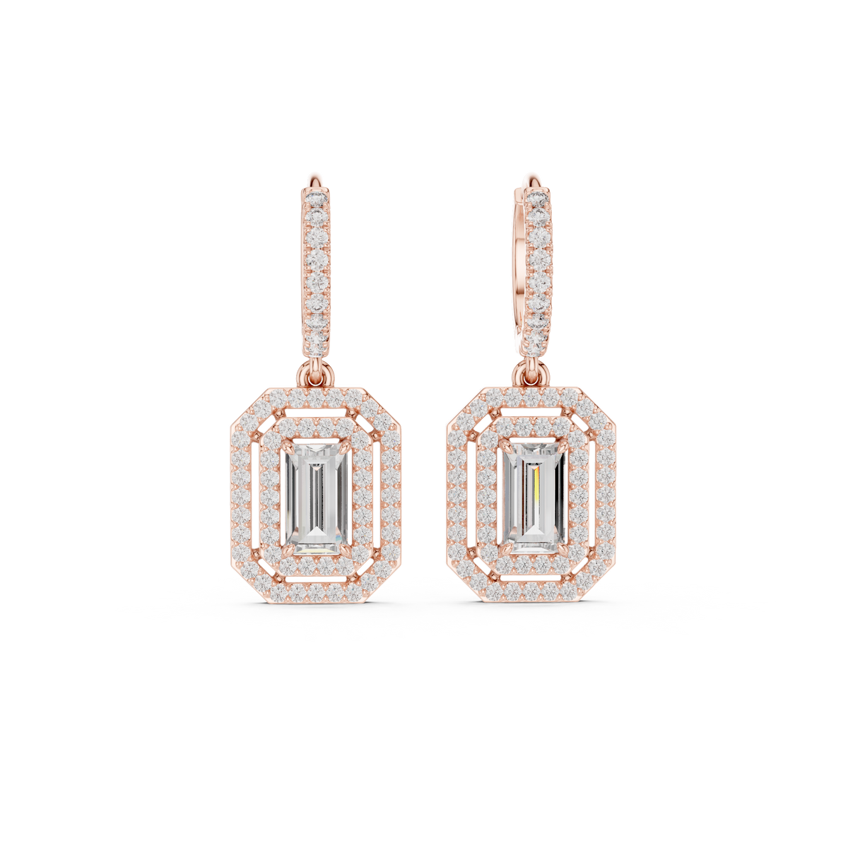 Art Deco Octagonal Double Halo Emerald Cut Lab Grown Diamond Huggie Drop Earrings - View 2