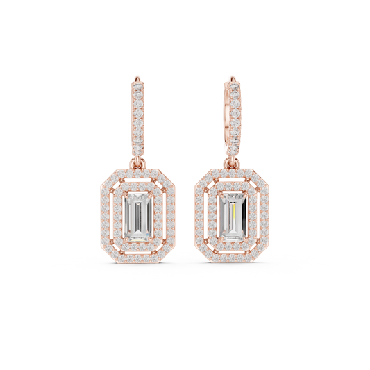 Art Deco Octagonal Double Halo Emerald Cut Lab Grown Diamond Huggie Drop Earrings - View 2