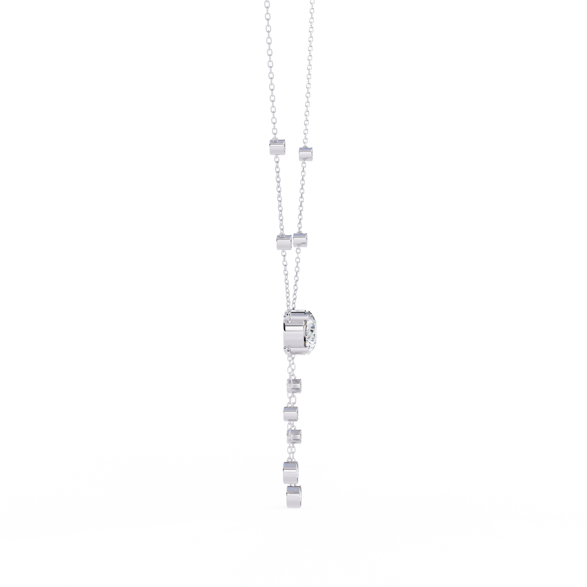 Round Moissanite Diamond Lariat Necklace with Bezel Station Drops - View 8