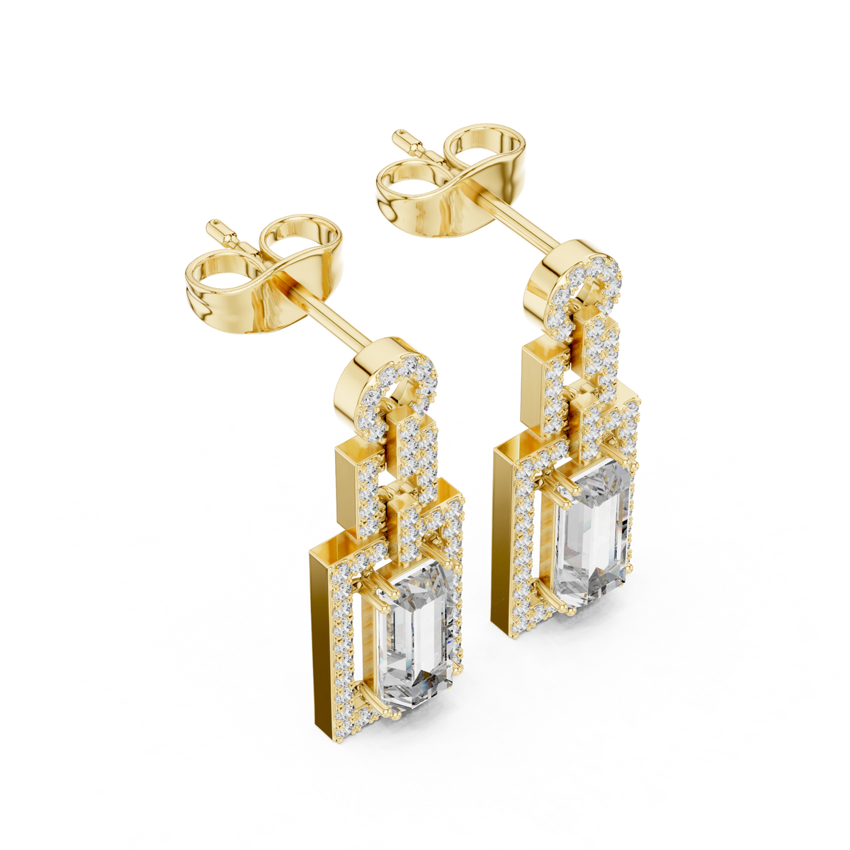 Art Deco Rectangular Halo Emerald Cut Lab Grown Diamond Chandelier Drop Earring - View 4