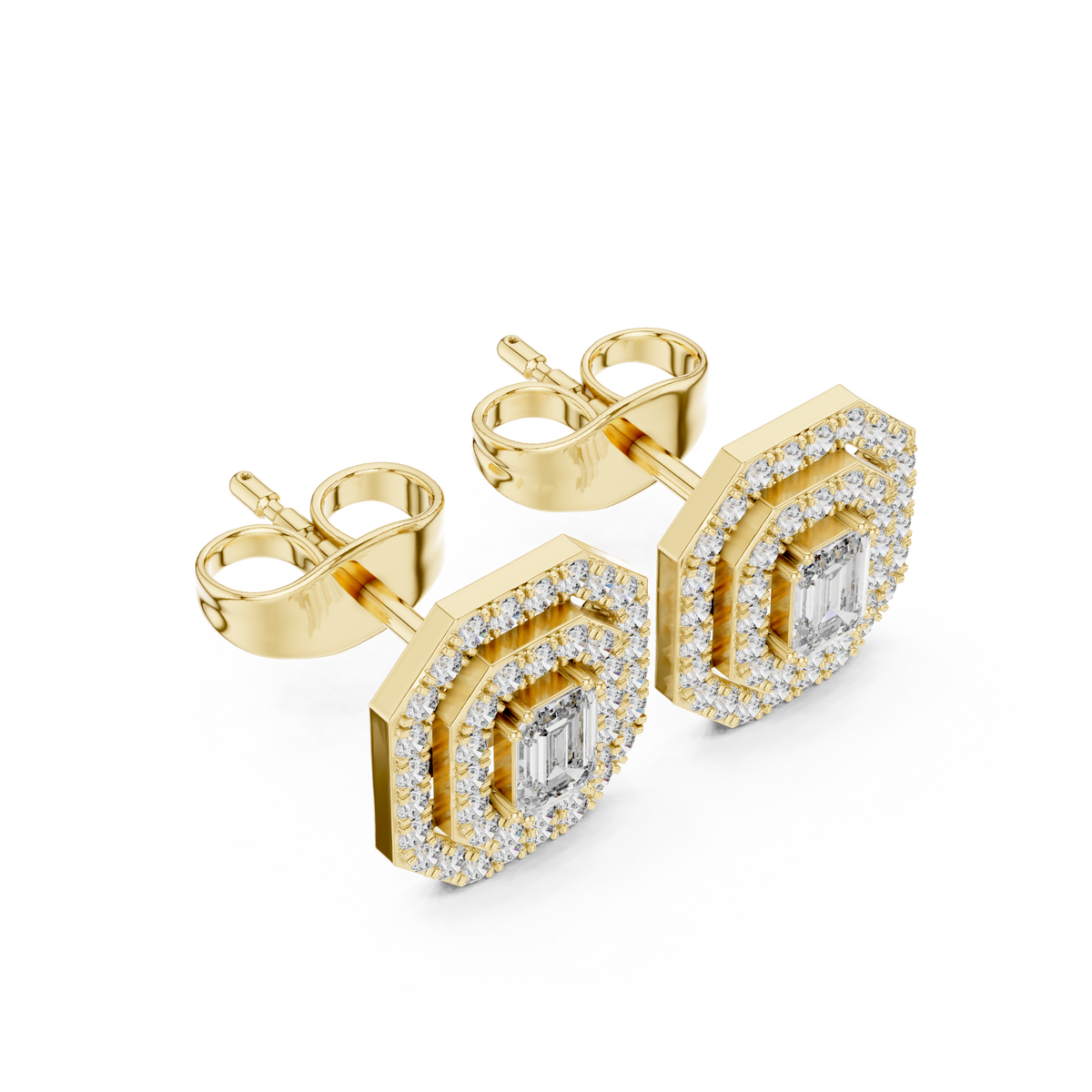 Octagonal Double Halo Emerald Cut Lab Grown Diamond Stud Earring - View 4