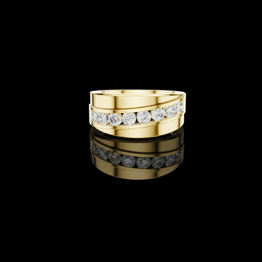 Round Cut Moissanite Diamond Men's Curved Swirl Channel Set Gold Band