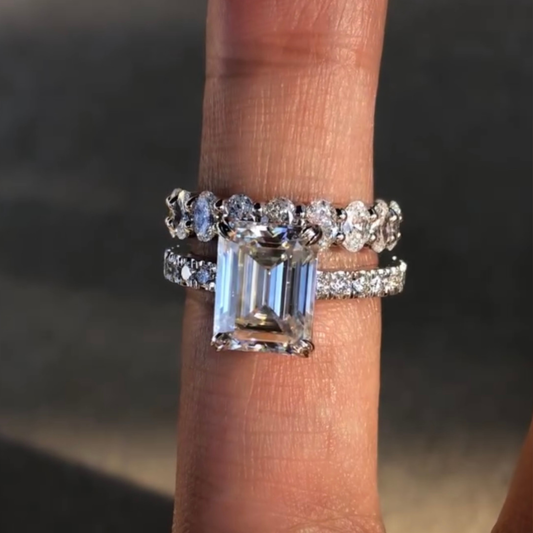 Emerald Cut Lab Diamond Women's Double Claw Eternity Bridal Set - View 2