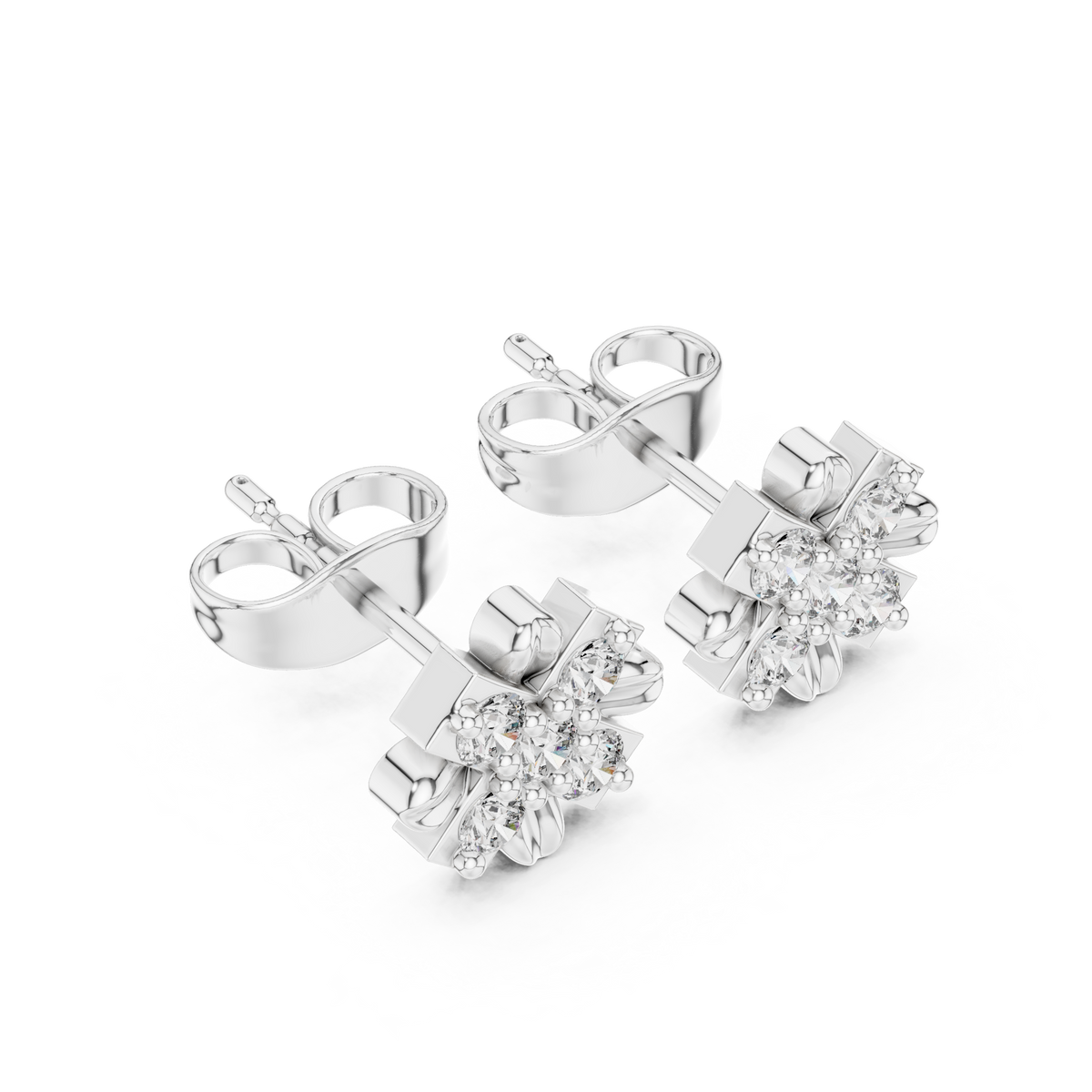 Floral Cross Round Moissanite Diamond Stud Earrings with Sculpted Petal Motif Cluster - View 6