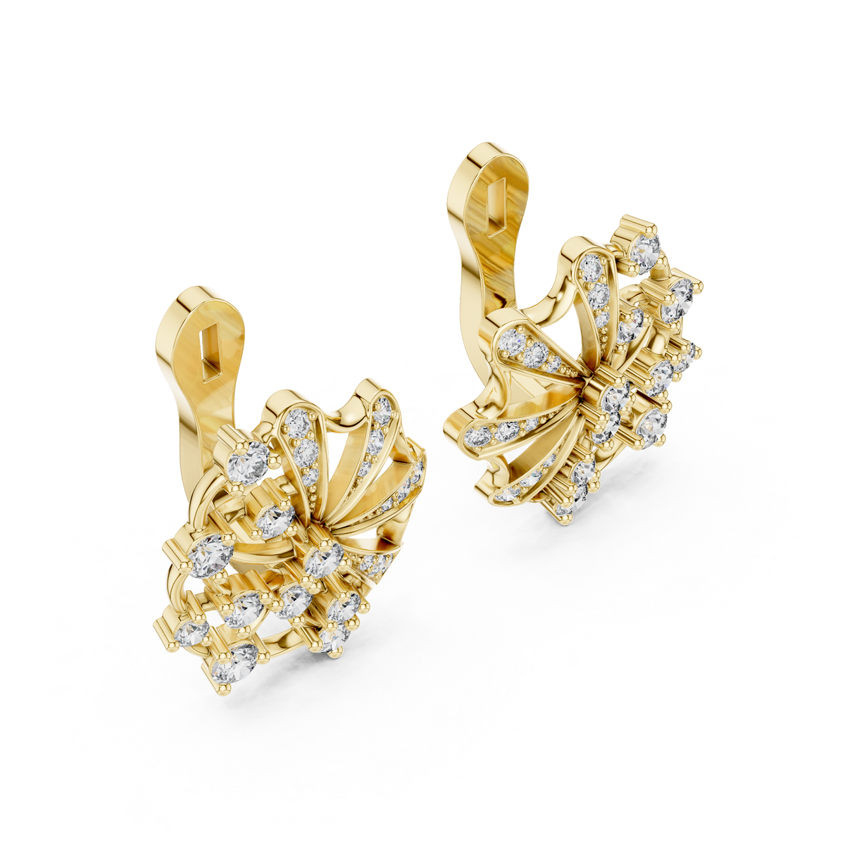Floral Arc Round Moissanite Diamond Geometric Flared Wheel Cluster Earrings - View 4