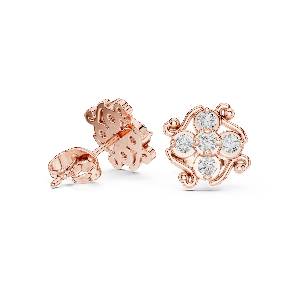 Ornamental Floral Cluster Moissanite Diamond Stud Earrings With Spiral Ribbon Whirl - View 8