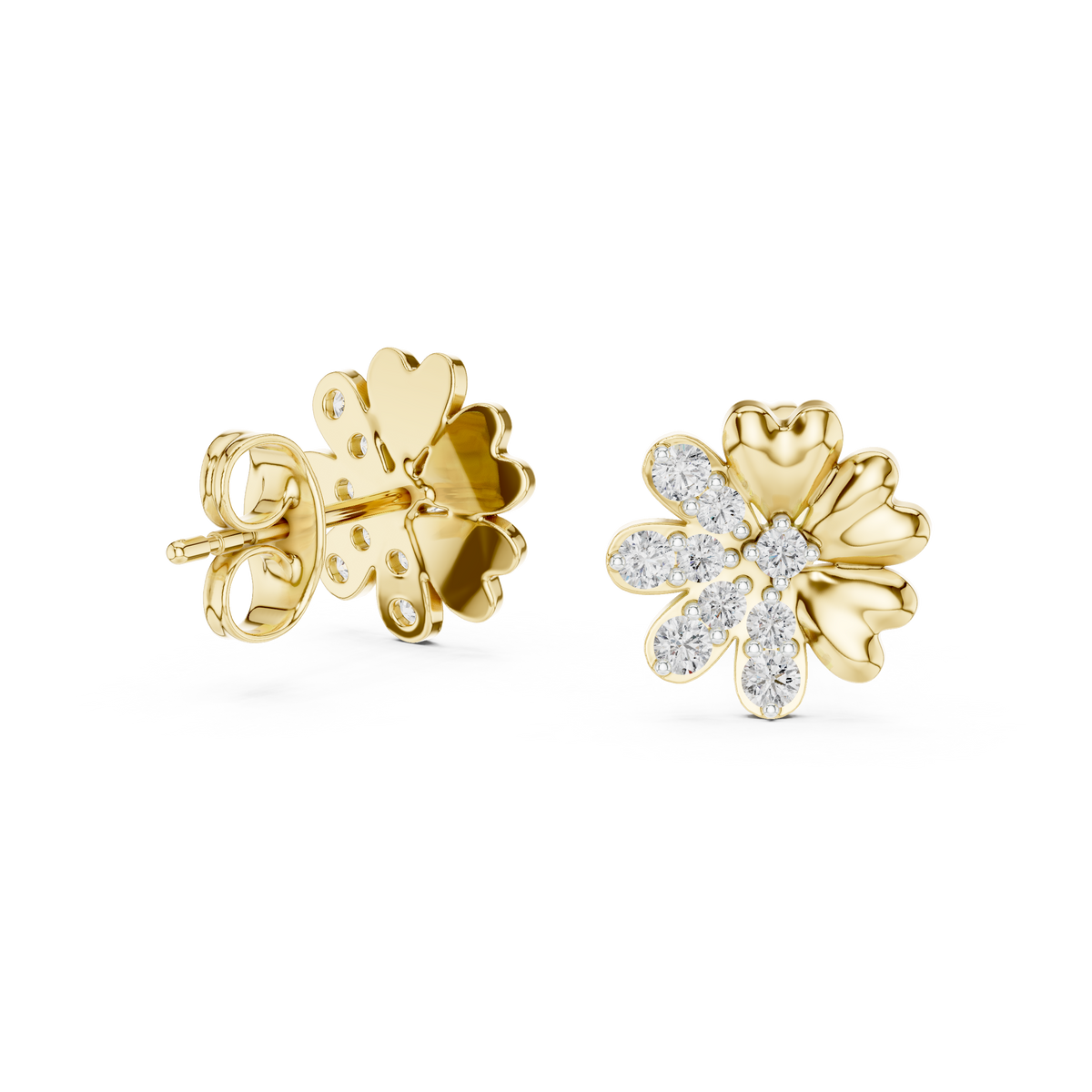Floral Blossom Round Moissanite Diamond Mixed Petal Stud Earrings - View 7