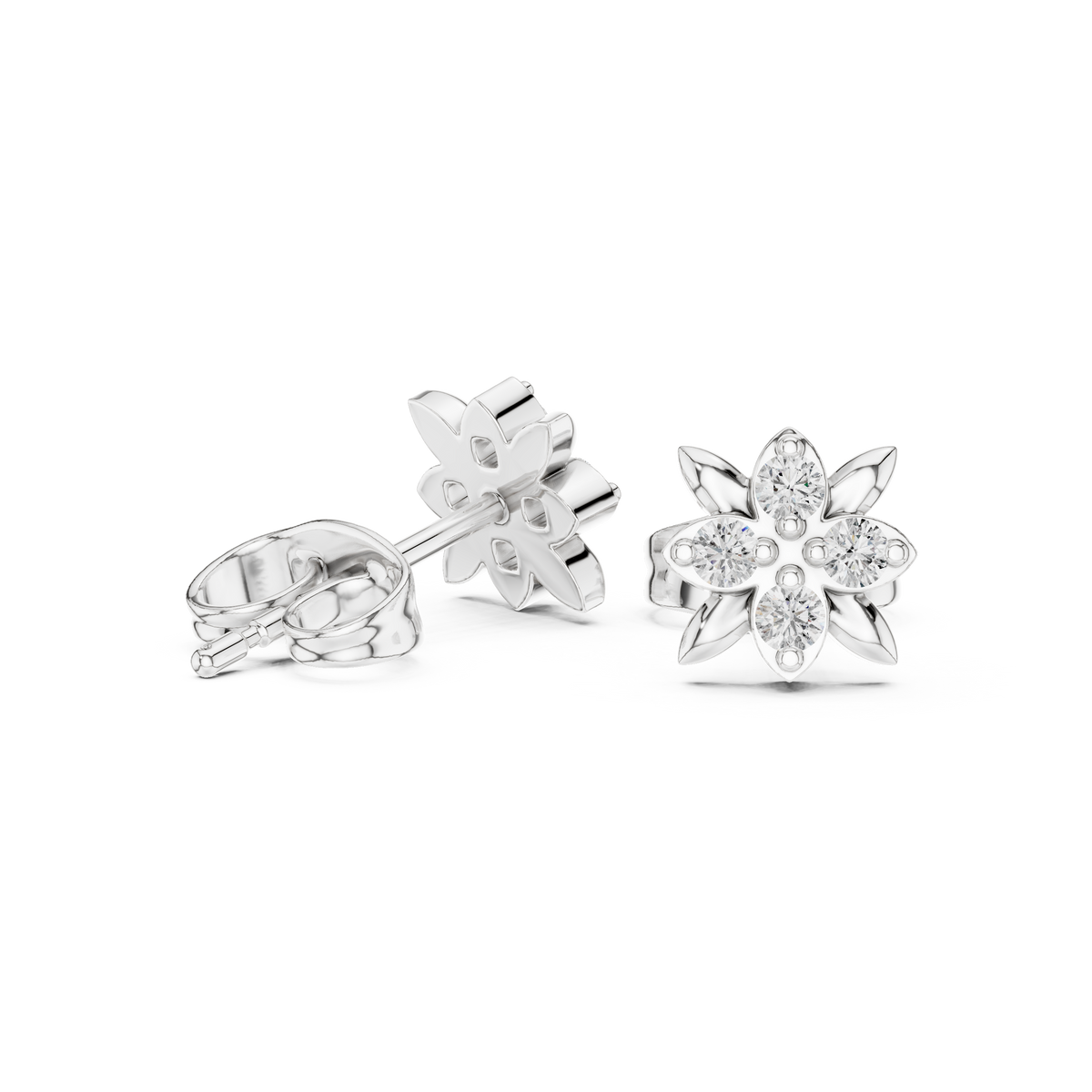 Leaf Petal Round Lab Diamond Flower Stud Earrings with Cluster Center - View 9