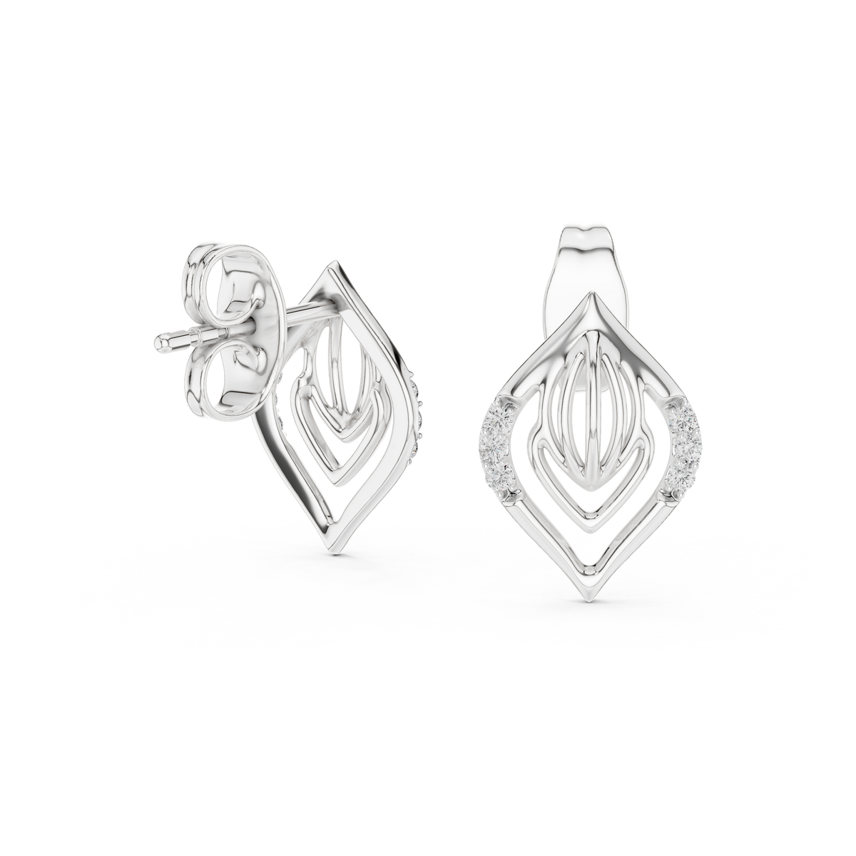 Layered Leaf Round Lab Diamond Geometric Stud Earrings with Pavé Detail - View 9