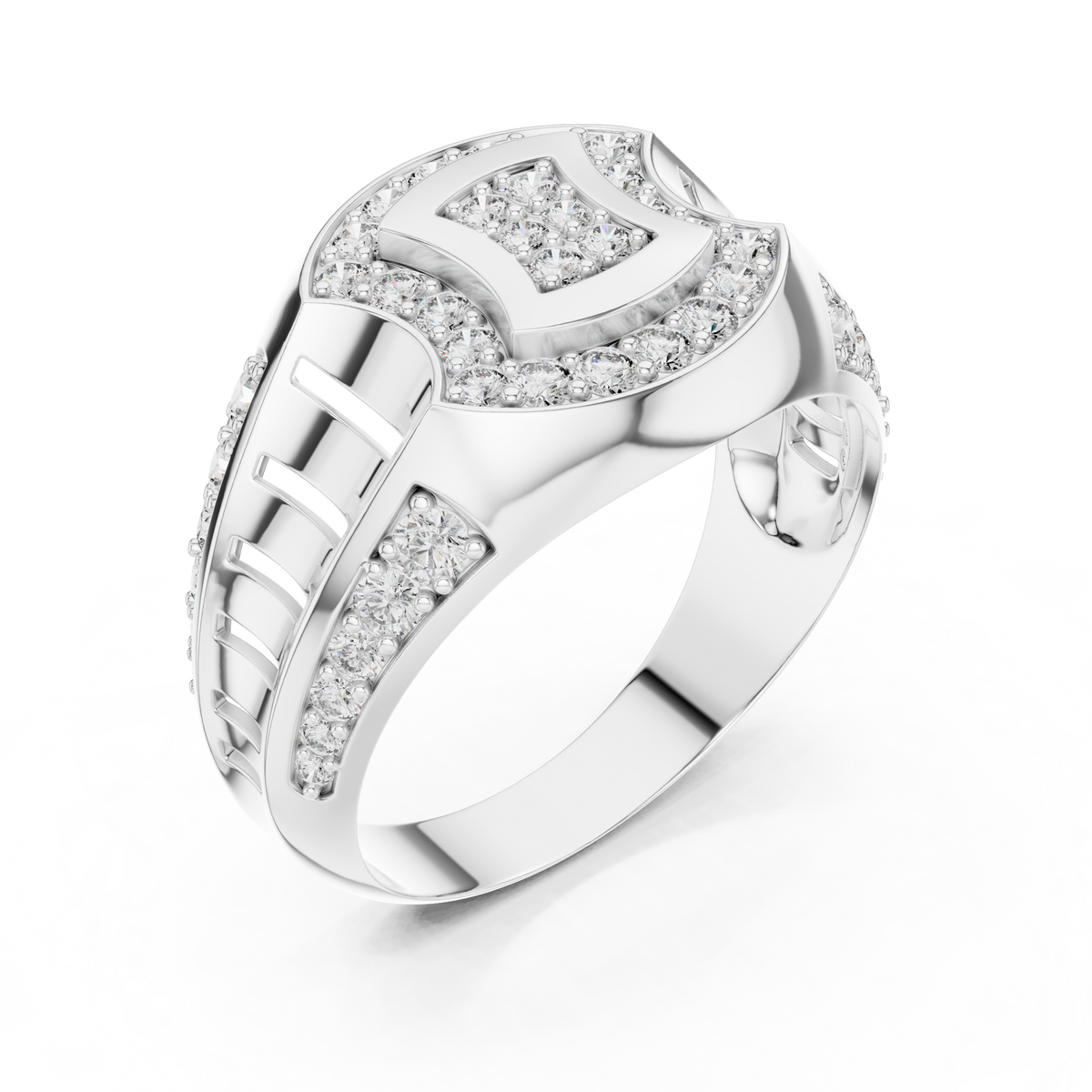 Round Cut Lab Grown Diamond Men's Geometric Double Pave Crest Engagement Ring - View 6