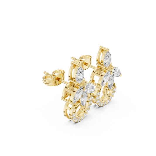 Floral Crescent Mixed Cut Lab Diamond Stud Earrings Pear And Marquise Cluster - View 2