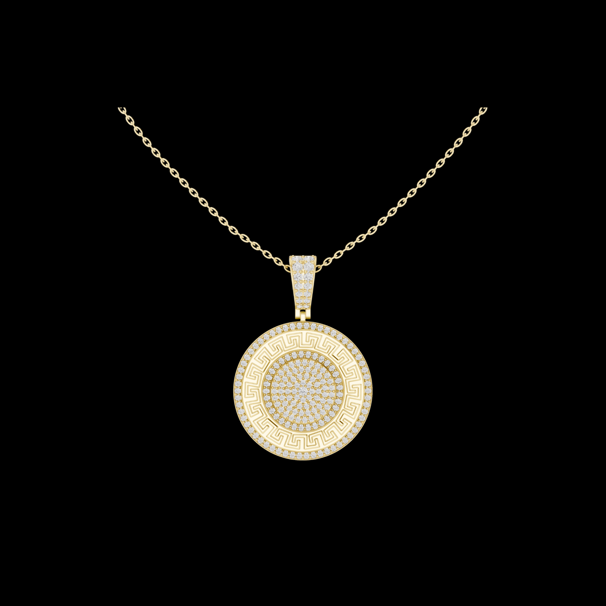 Circular Maze Motif Statement Charm Pendant Round Moissanite Diamond
