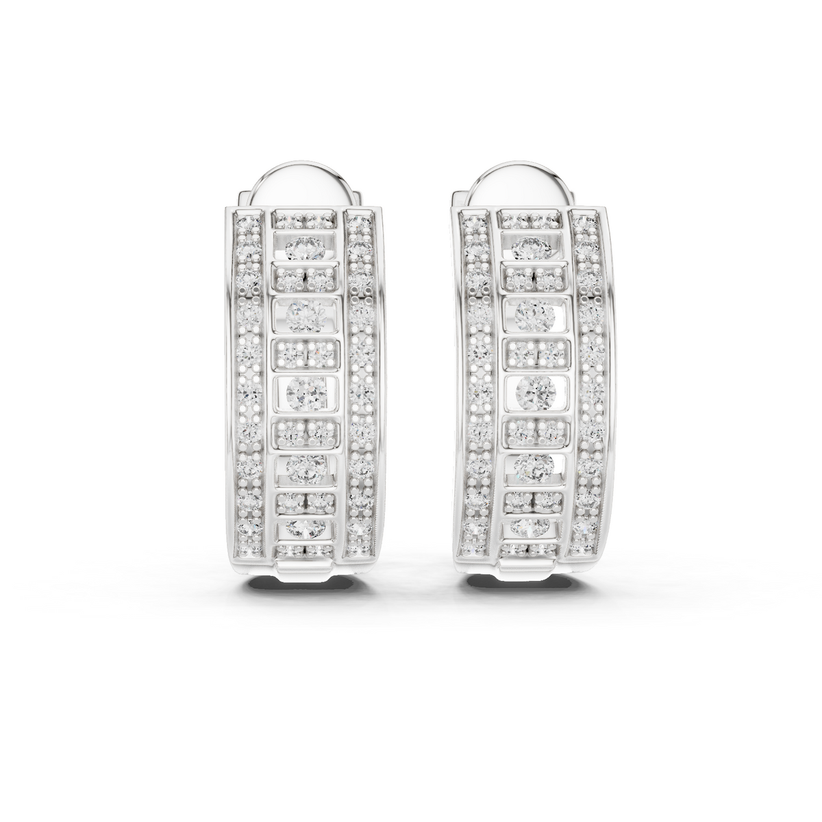 Round Lab Diamond Geometric Grid C Hoop Earrings with Micro Pavé Rows - View 3