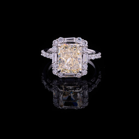 Fancy Intense Radiant Cut Moissanite Diamond Halo Ring With Baguette Side Stones