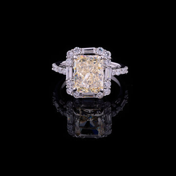 Fancy Intense Radiant Cut Lab Diamond Halo Ring With Baguette Side Stones