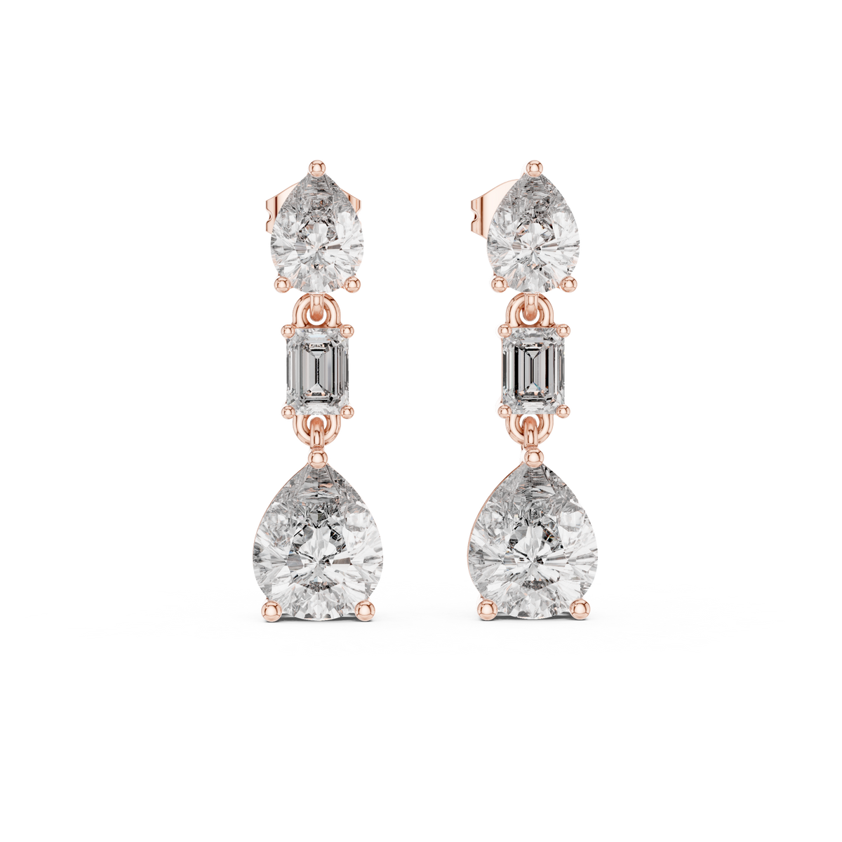 Three Stone Pear & Emerald Cut Lab Diamond Drop Stud Earrings with Vertical Design - View 2
