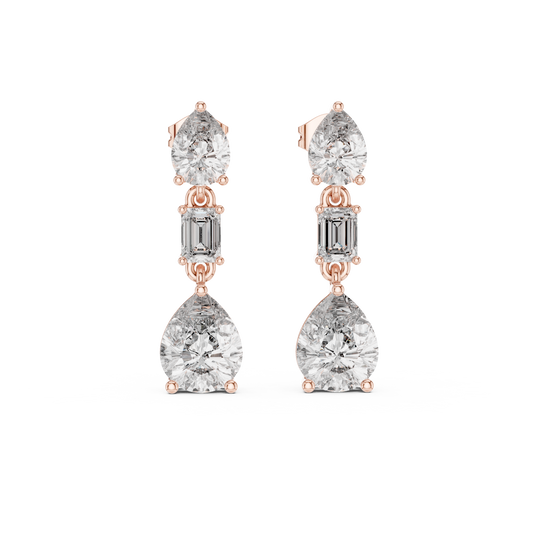 Three Stone Pear & Emerald Cut Moissanite Diamond Drop Stud Earrings with Vertical Design - View 2