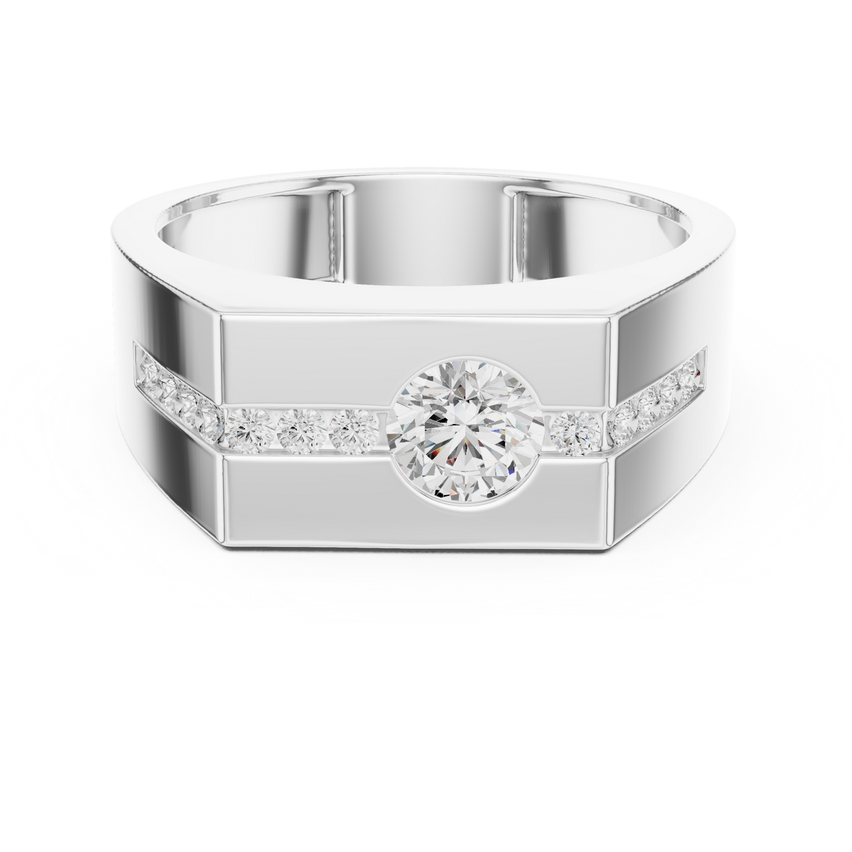Round Cut Moissanite Diamond Men's Bezel Center Octagon Signet Ring - View 3