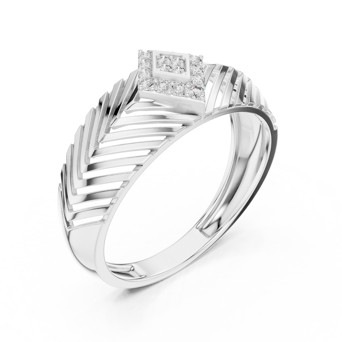 Round Moissanite Diamond Pavé Chevron Statement Ring - View 6