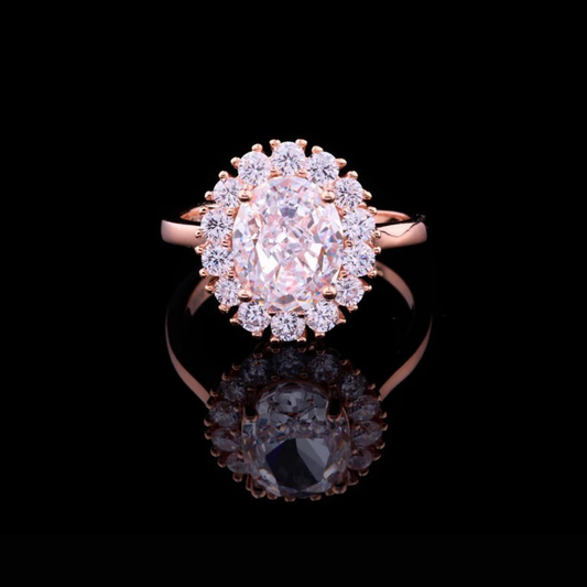 Fancy Intense Pink Oval Cut Floral Halo Moissanite Diamond Ring