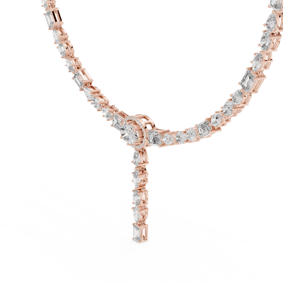 Halo Oval Moissanite Diamond Y Necklace with Mixed Cut Drop Pendant - View 5