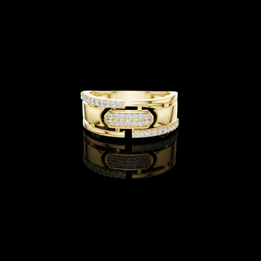 Round Cut Moissanite Diamond Men's Center Plate Pave Gold Statement Band