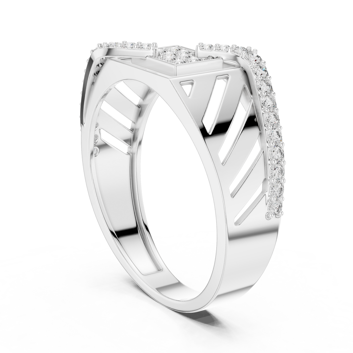 Round Cut Lab Grown Diamond Men's Geometric Asymmetric Diagonal Pave Wedding Ring - View 9